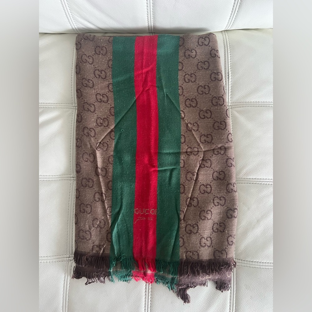 Gucci Brown and Green GG Patterned Scarf